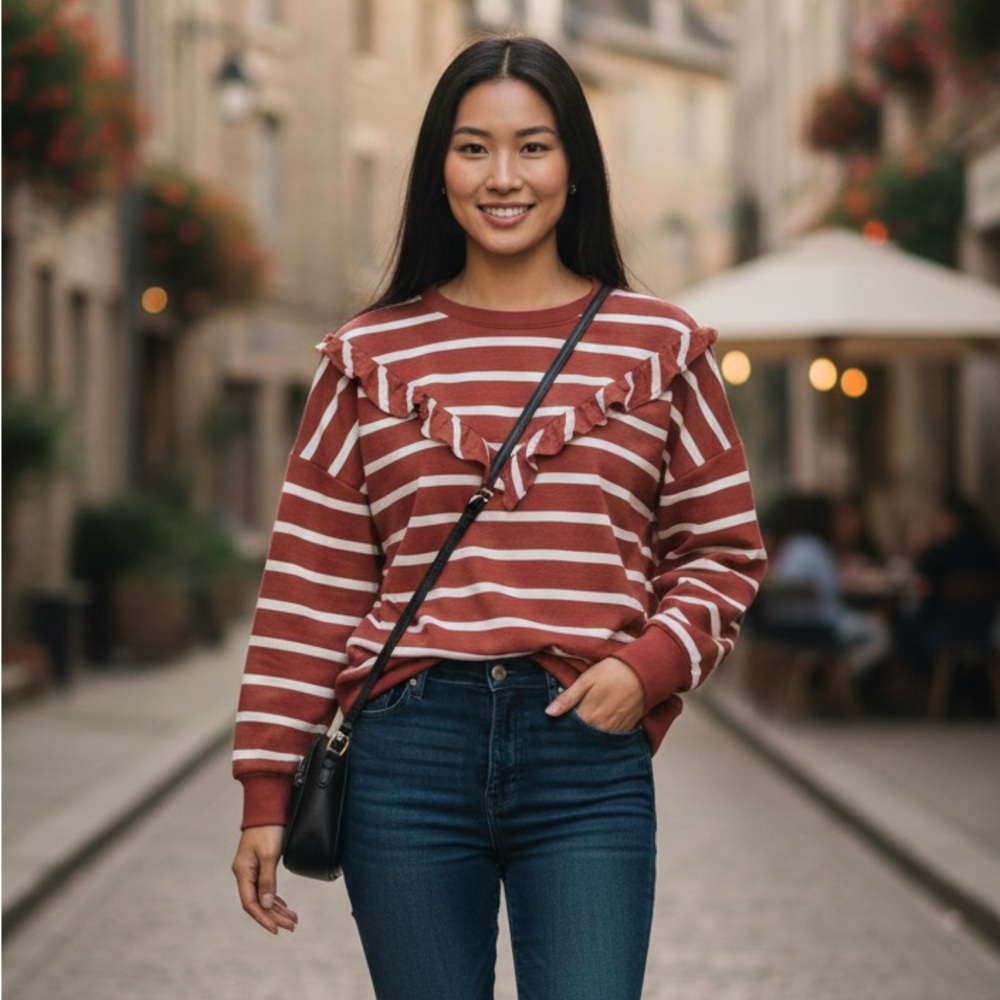 Nine West Long Sleeve Ruffle Sweatshirt with Stripes Women’s XXL
